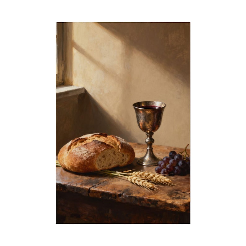 Bread and Cup Poster | Communion Wall Art, John 6:35 Bread of Life Print, First Communion Gift, Christian Kitchen Decor image 1