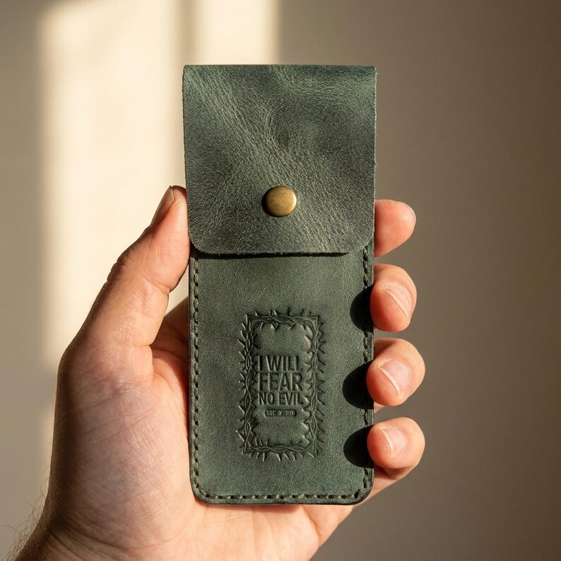 Full-Grain Leather Pen Sleeve – Psalm 23:4 Embossed, Eden Green Cowhide image 2