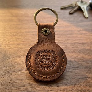 I Will Fear No Evil Leather AirTag Keychain — Christian Gift, Full-Grain Cowhide, Jordan Brown image 1