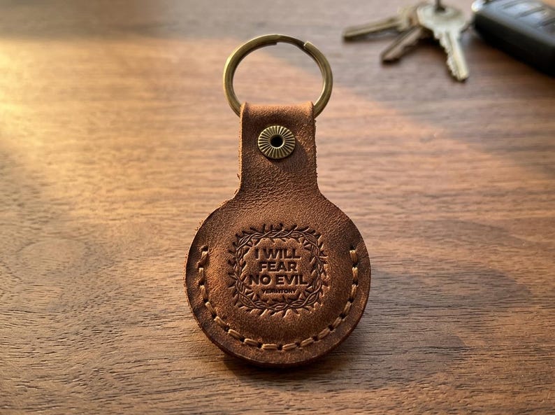 I Will Fear No Evil Leather AirTag Keychain — Christian Gift, Full-Grain Cowhide, Jordan Brown image 1