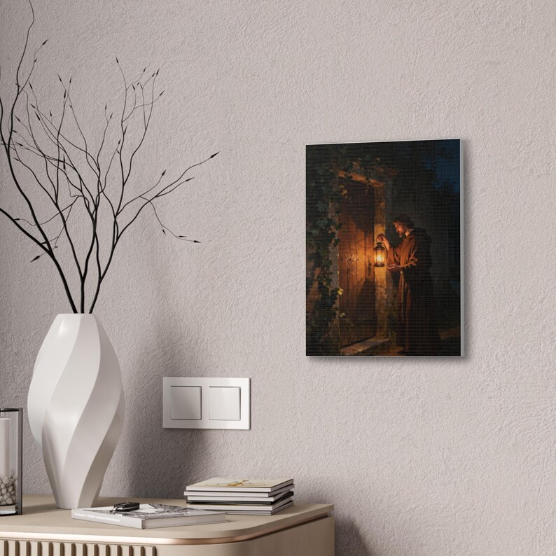 Behold I Stand at the Door Canvas Wall Art | Revelation 3:20, Christian Wall Decor, Lantern Art, Faith Gift for Home image 4