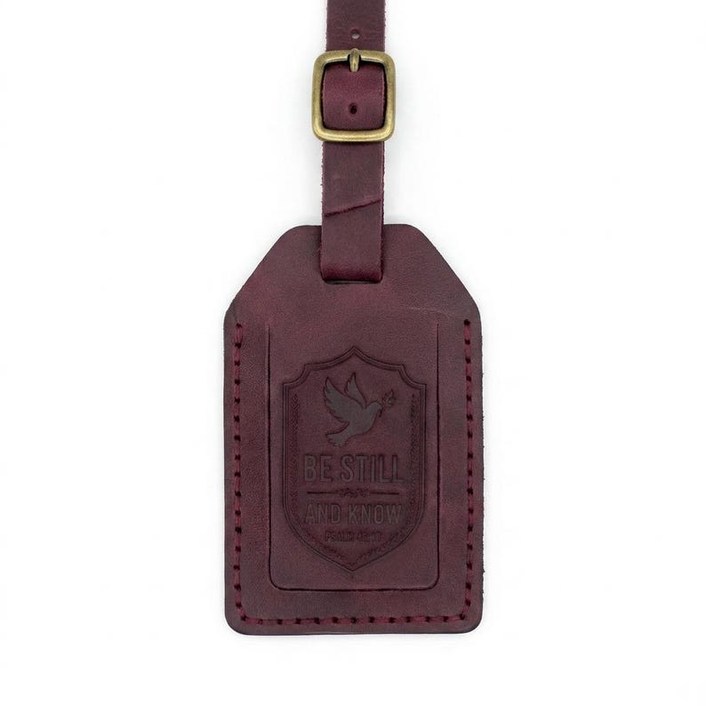 Be Still and Know Leather Luggage Tag — Christian Gift, Full-Grain Cowhide, Pentecost Red image 4