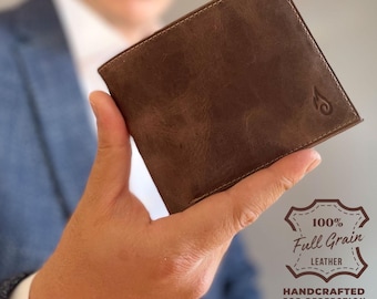 Handmade brown leather wallet for men - Slim RFID protected minimalist bifold