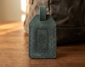 I Will Fear No Evil Leather Luggage Tag — Christian Gift, Full-Grain Cowhide, Eden Green