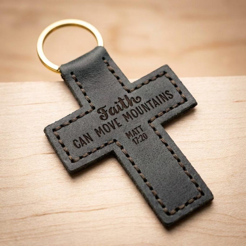 Faith Can Move Mountains Leather Cross Keychain — Christian Gift, Full-Grain Cowhide, Eden Green image 4
