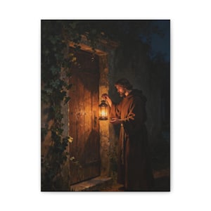 Behold I Stand at the Door Canvas Wall Art | Revelation 3:20, Christian Wall Decor, Lantern Art, Faith Gift for Home image 1