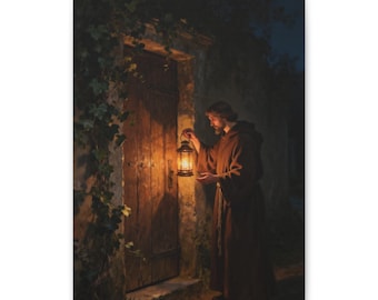 May include: A person wearing a brown hooded robe stands before a wooden door at night, holding a lit metal lantern that casts a warm orange glow on the door and the surrounding stone wall covered in green climbing vines and dark shadows.