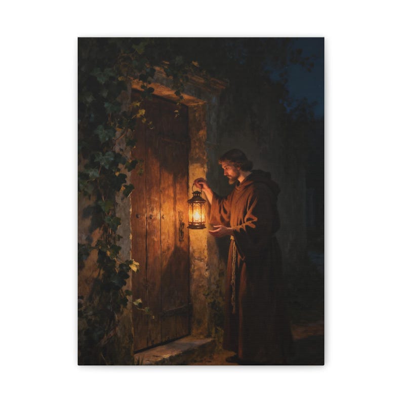 Behold I Stand at the Door Canvas Wall Art | Revelation 3:20, Christian Wall Decor, Lantern Art, Faith Gift for Home image 1