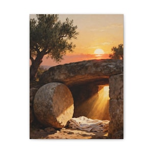 He Is Risen Canvas Wall Art | Empty Tomb at Sunrise, Easter Christian Decor, Matthew 28:6 Resurrection Art, Faith Gift image 1
