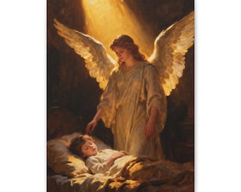 Guardian Angel Canvas Wall Art | Sleeping Child Nursery Decor, Psalm 91:11 Christian Baby Gift, Baptism Keepsake Art