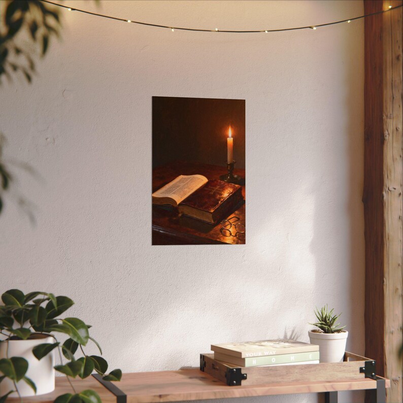 Open Bible Poster | Candlelit Scripture Still Life, Psalm 119:105 Lamp Unto My Feet Wall Art, Bible Study Gift Print image 5