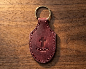God Is Love Leather Stitched Keychain — Christian Gift, Full-Grain Cowhide, Pentecost Red