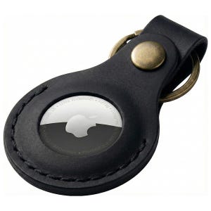 Classic Black Leather AirTag Keychain Holder, Crazy Horse Key Ring, Hand-Stitched Snap Closure