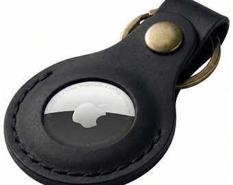 Classic Black Leather AirTag Keychain Holder, Crazy Horse Key Ring, Hand-Stitched Snap Closure
