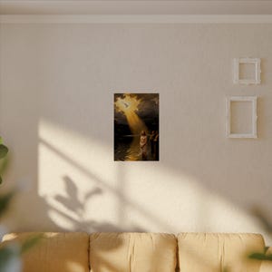 Póster del Bautismo de Jesús / Paloma descendiendo al Jordán, Mateo 3:16. Arte mural cristiano, lámina de regalo para bautizo. imagen 9