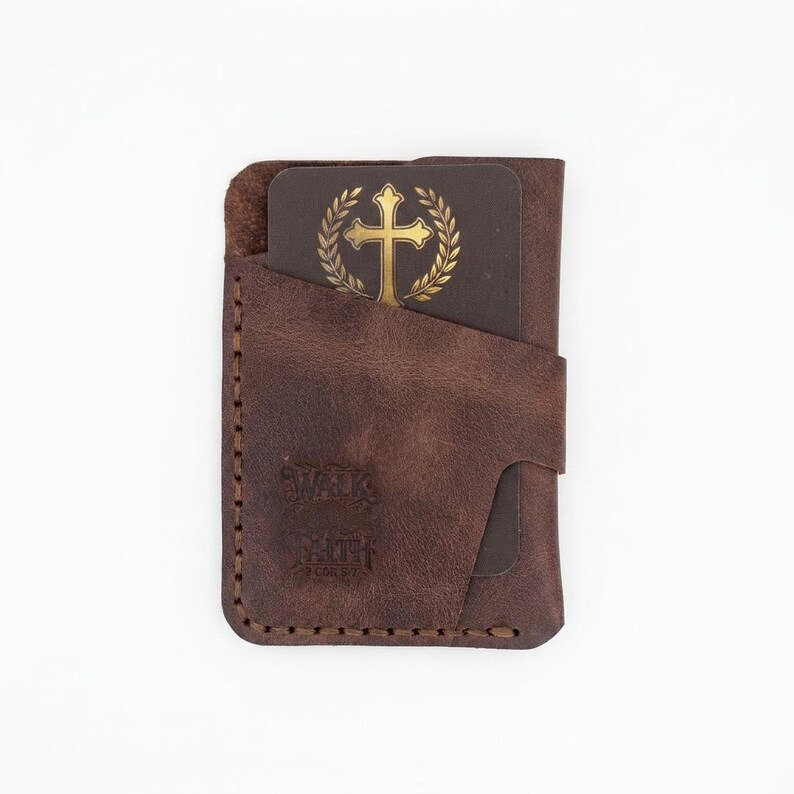 Walk by Faith Leather Vertical Card Holder — Christian Gift, Full-Grain Cowhide, Jordan Brown image 4