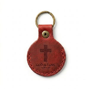 God is Love Leather AirTag Keychain — Christian Gift, Full-Grain Cowhide, Pentecost Red image 3