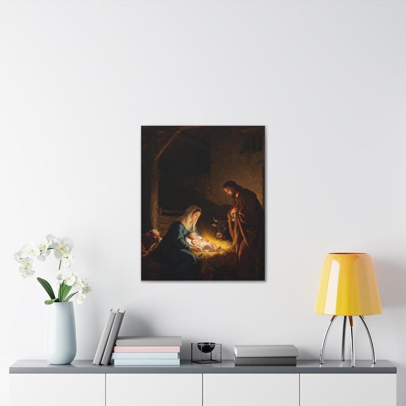 Nativity Canvas Wall Art | Holy Family Manger Scene, Christmas Christian Decor, Luke 2:7 Nativity Painting, Faith Gift image 11