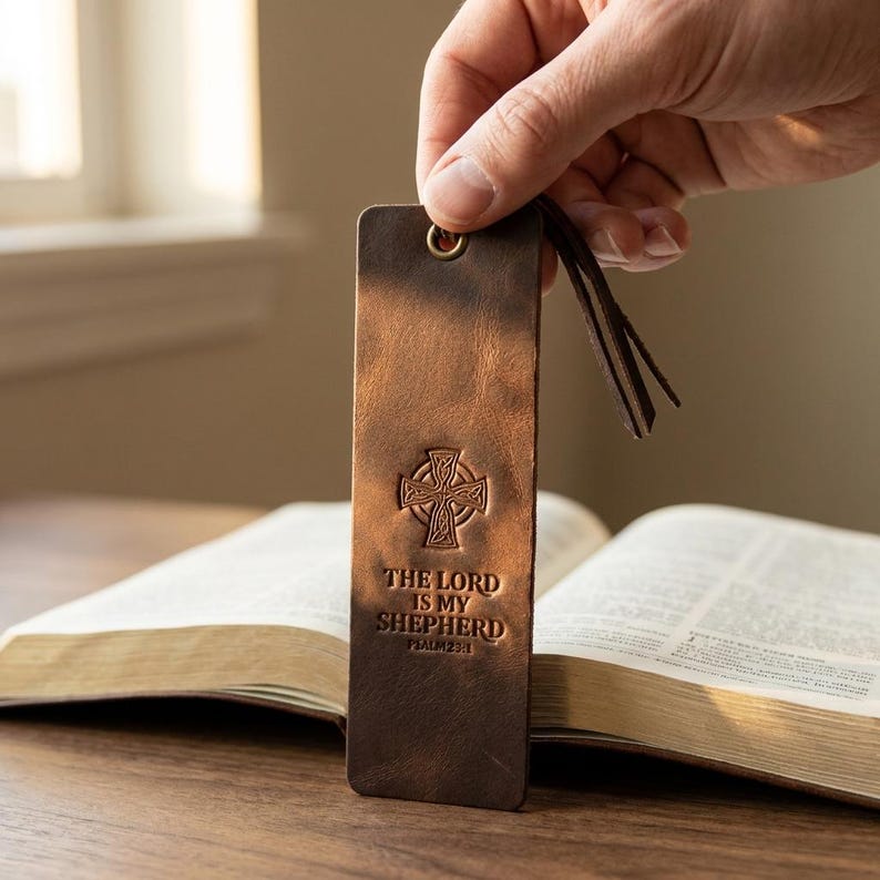 The Lord is My Shepherd Leather Bible Bookmark – Psalm 23:1, Full-Grain Cowhide Tassel image 2