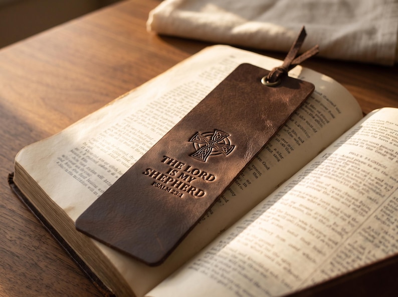The Lord is My Shepherd Leather Bible Bookmark – Psalm 23:1, Full-Grain Cowhide Tassel image 1