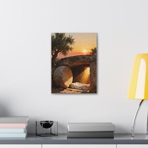 He Is Risen Canvas Wall Art | Empty Tomb at Sunrise, Easter Christian Decor, Matthew 28:6 Resurrection Art, Faith Gift image 3