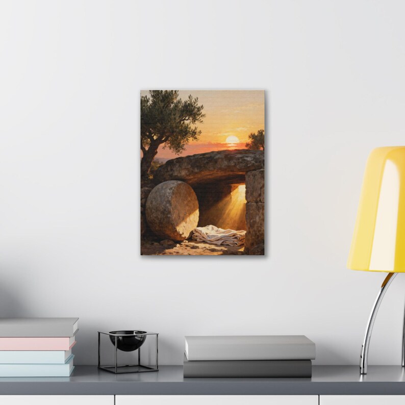 He Is Risen Canvas Wall Art | Empty Tomb at Sunrise, Easter Christian Decor, Matthew 28:6 Resurrection Art, Faith Gift image 3