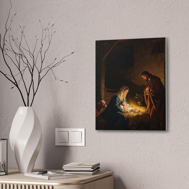 Nativity Canvas Wall Art | Holy Family Manger Scene, Christmas Christian Decor, Luke 2:7 Nativity Painting, Faith Gift image 8
