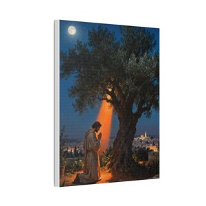 Garden of Gethsemane Canvas Wall Art | Luke 22:41 Jesus Praying at Night, Not My Will Painting, Christian Gift Bild 2