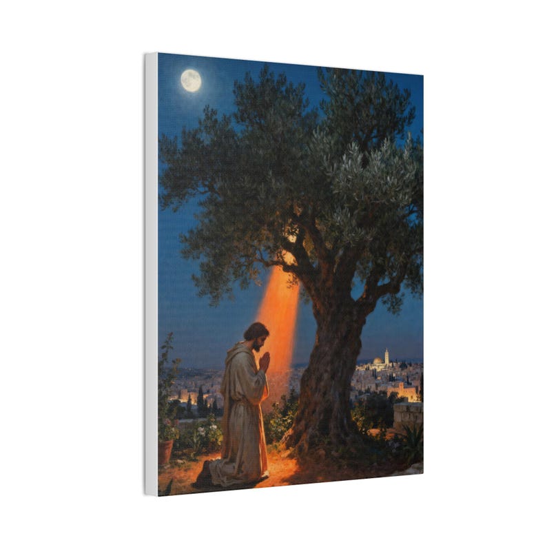 Garden of Gethsemane Canvas Wall Art | Luke 22:41 Jesus Praying at Night, Not My Will Painting, Christian Gift Bild 2
