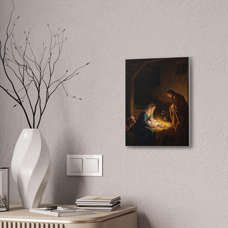 Nativity Canvas Wall Art | Holy Family Manger Scene, Christmas Christian Decor, Luke 2:7 Nativity Painting, Faith Gift image 4