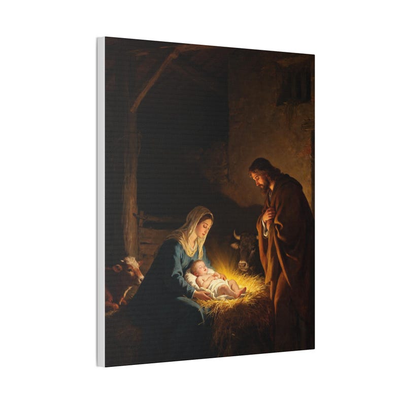 Nativity Canvas Wall Art | Holy Family Manger Scene, Christmas Christian Decor, Luke 2:7 Nativity Painting, Faith Gift image 6