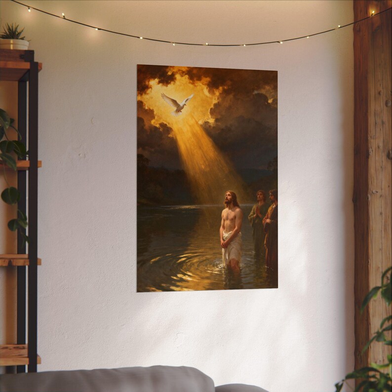 Póster del Bautismo de Jesús / Paloma descendiendo al Jordán, Mateo 3:16. Arte mural cristiano, lámina de regalo para bautizo. imagen 15