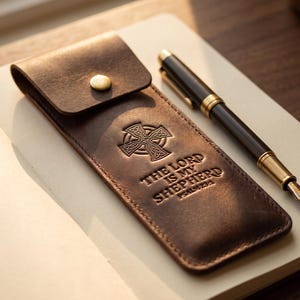The Lord Is My Shepherd Leather Pen Sleeve Case — Christian Gift, Full-Grain Cowhide, Jordan Brown image 1