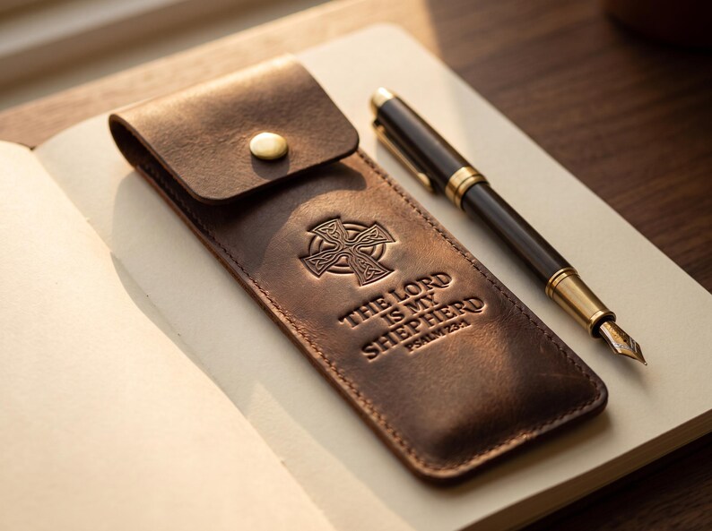 The Lord Is My Shepherd Leather Pen Sleeve Case — Christian Gift, Full-Grain Cowhide, Jordan Brown image 1