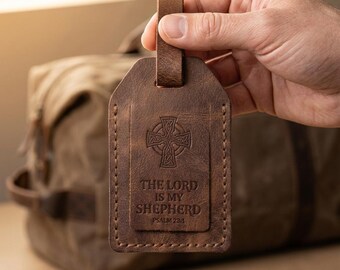 Mission Trip Gift, The Lord is My Shepherd Leather Luggage Tag, Christian Travel Gift for Missionary or Pilgrimage, Full Grain Leather