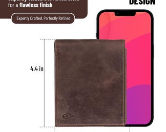May include: A brown leather wallet with a slim design, measuring 4.4 inches by 3.6 inches. The wallet features a small embossed logo in the bottom left corner. Text on the image includes "Precision-thinned natural leather," "SLIM & COMPACT DESIGN," "Expertly Crafted, Perfectly Refined," and "IGNIS Craft."