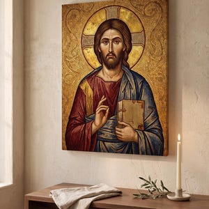 Icona di Cristo Pantocratore su tela tesa / Opera d'arte religiosa da parete immagine 4