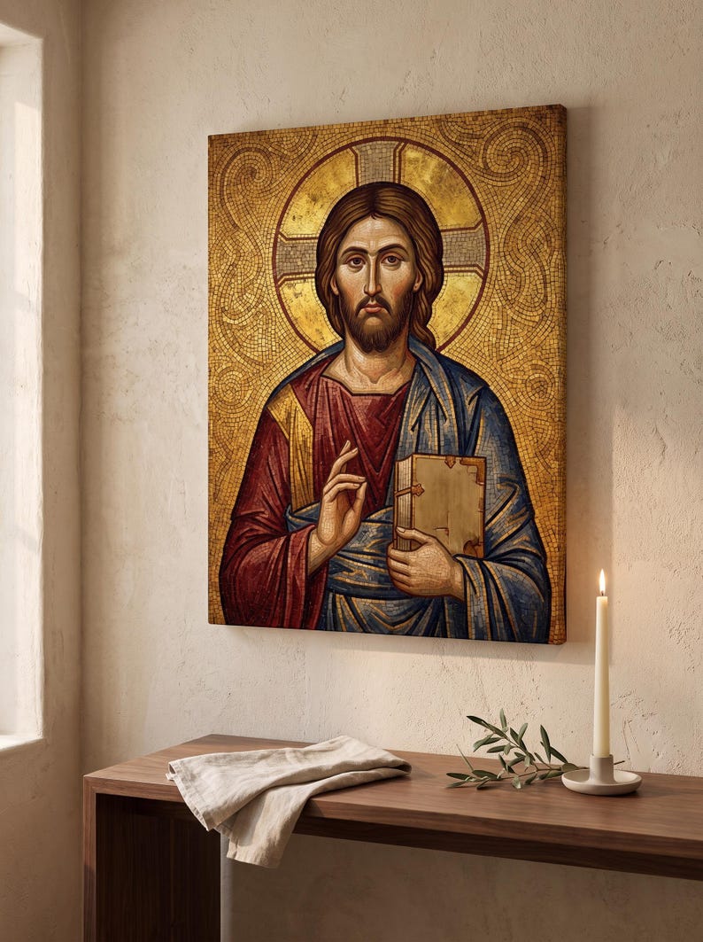 Icona di Cristo Pantocratore su tela tesa / Opera d'arte religiosa da parete immagine 4