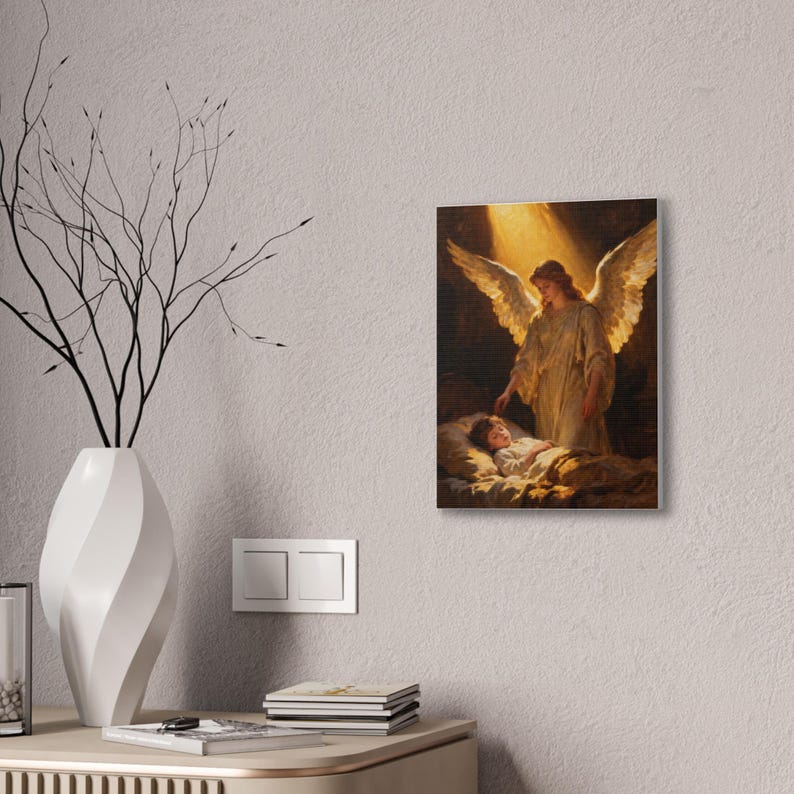 Guardian Angel Canvas Wall Art | Sleeping Child Nursery Decor, Psalm 91:11 Christian Baby Gift, Baptism Keepsake Art afbeelding 4