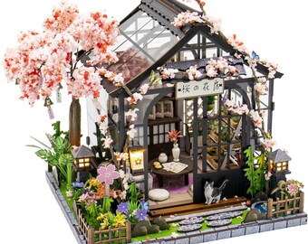 Spring Sakura Greenhouse Miniature Kit, DIY Wooden Dollhouse with LED Light, Cherry Blossom Tiny House Craft Kit for Adults, Gift