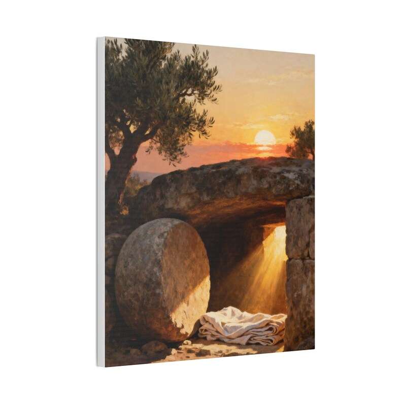 He Is Risen Canvas Wall Art | Empty Tomb at Sunrise, Easter Christian Decor, Matthew 28:6 Resurrection Art, Faith Gift image 6