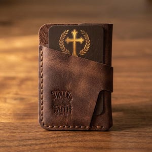 Walk by Faith Leather Vertical Card Holder — Christian Gift, Full-Grain Cowhide, Jordan Brown image 1