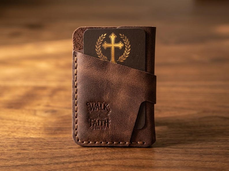 Walk by Faith Leather Vertical Card Holder — Christian Gift, Full-Grain Cowhide, Jordan Brown image 1