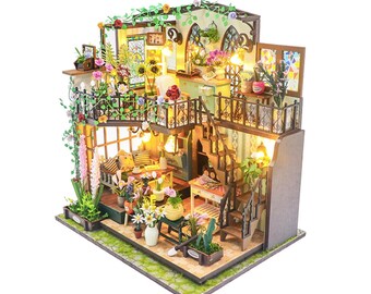 Darcy Flower House Miniature Kit, DIY Wooden Flower Shop Dollhouse with LED Light, Florist Tiny Room Craft Kit for Adults, Gift