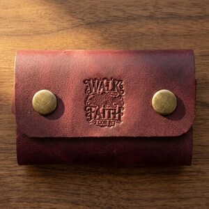 Walk by Faith Leather Snap Card Holder — Christian Gift, Full-Grain Cowhide, Pentecost Red image 1