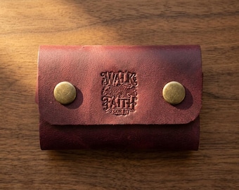 Walk by Faith Leather Snap Card Holder — Christian Gift, Full-Grain Cowhide, Pentecost Red