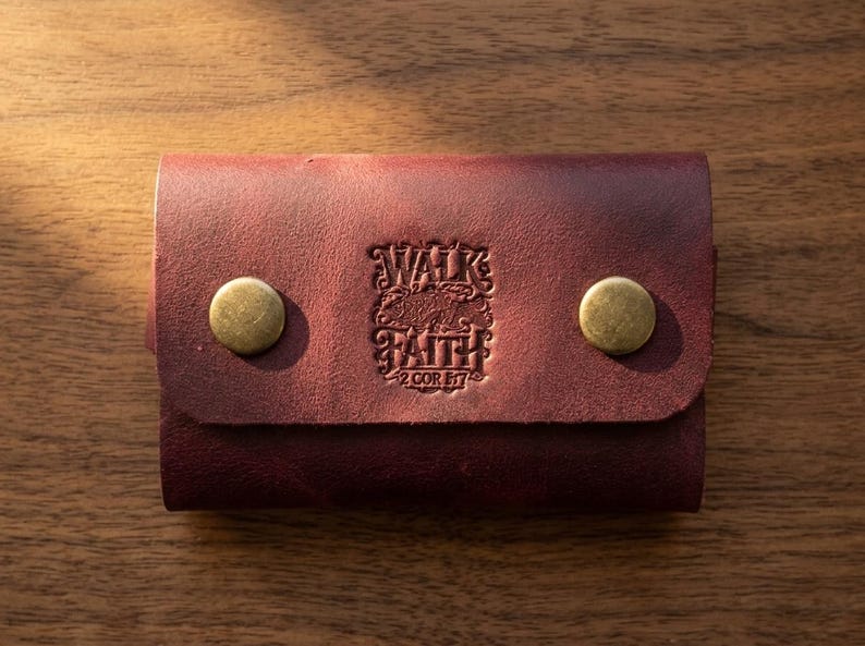 Walk by Faith Leather Snap Card Holder — Christian Gift, Full-Grain Cowhide, Pentecost Red image 1