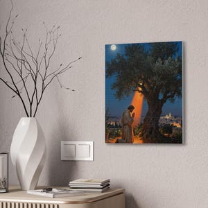 Garden of Gethsemane Canvas Wall Art | Luke 22:41 Jesus Praying at Night, Not My Will Painting, Christian Gift Bild 8