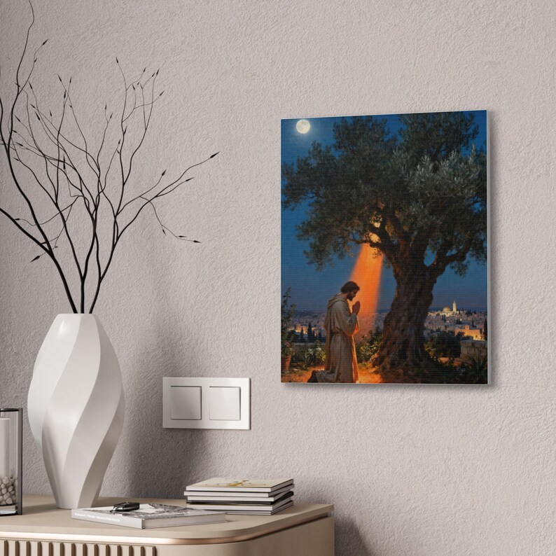Garden of Gethsemane Canvas Wall Art | Luke 22:41 Jesus Praying at Night, Not My Will Painting, Christian Gift Bild 8