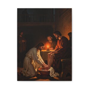 Jesus Washing Feet Canvas Wall Art | John 13:14 Servant Leadership Gift, Foot Washing Painting, Pastor Appreciation image 1